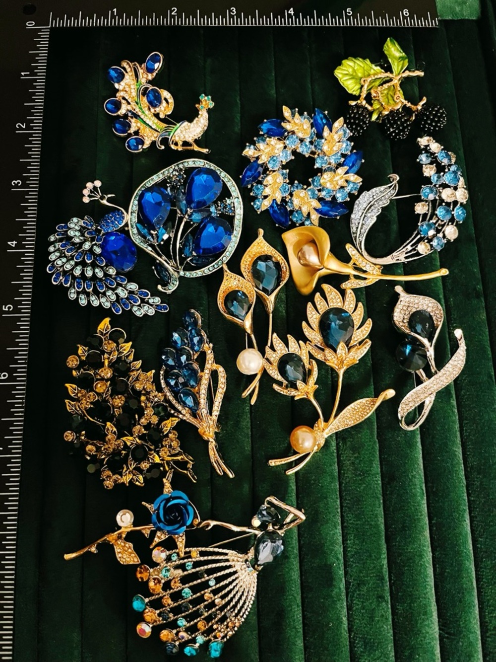 Lot 14 Luxury Statement Brooches Blue Gold Tone Rhinestone Peacock Floral Wreath